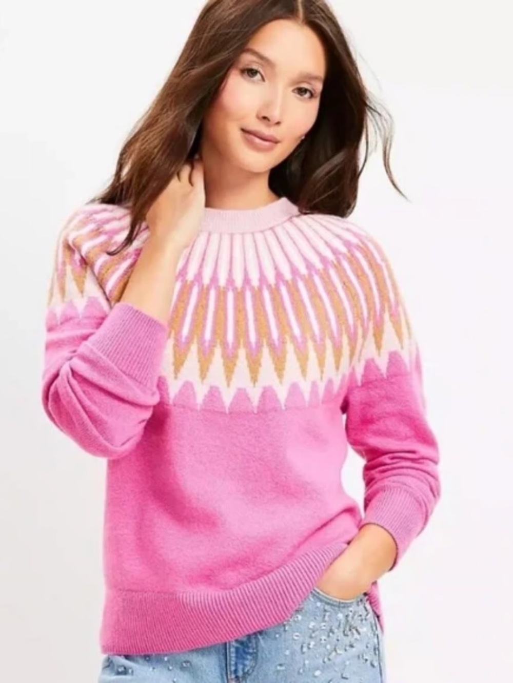 LOFT Fair Isle Knit Crewneck Sweater Pink Gold Geometric Medium NWT
